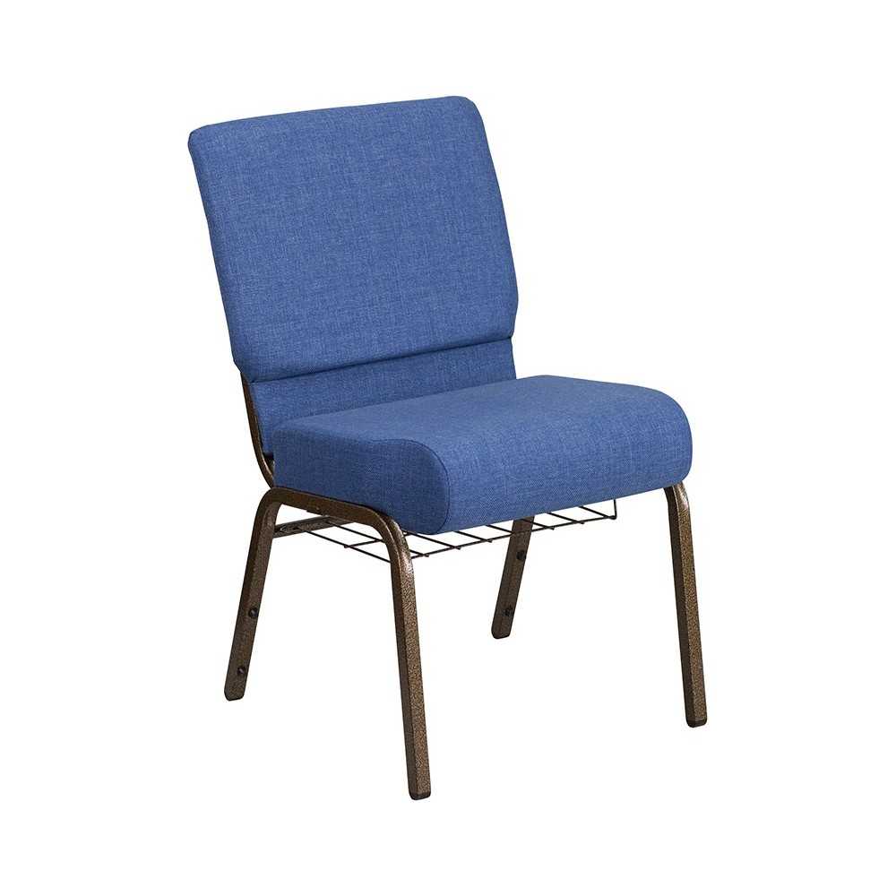 21''W Church Chair in Blue Fabric with Cup Book Rack - Gold Vein Frame