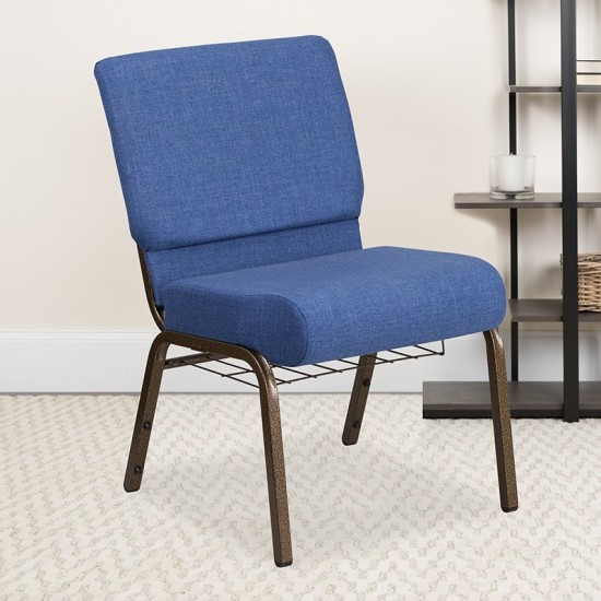 21''W Church Chair in Blue Fabric with Cup Book Rack - Gold Vein Frame