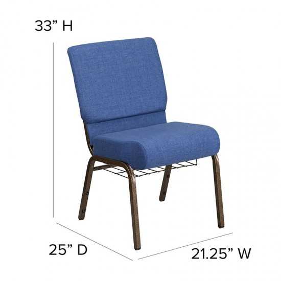 21''W Church Chair in Blue Fabric with Cup Book Rack - Gold Vein Frame