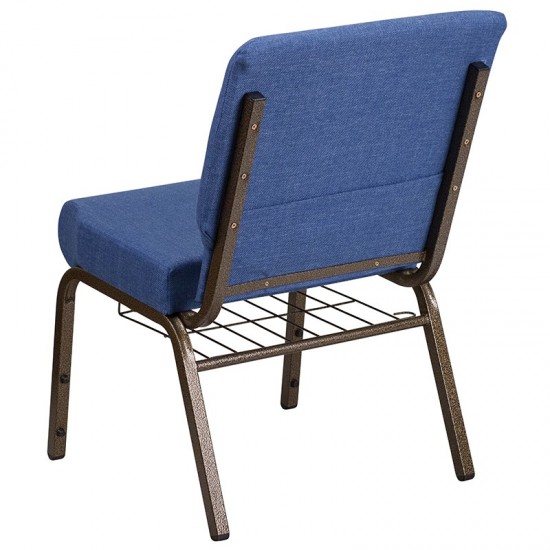 21''W Church Chair in Blue Fabric with Cup Book Rack - Gold Vein Frame