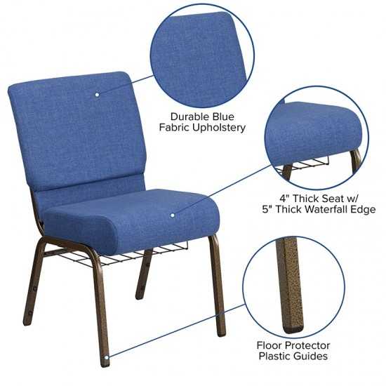 21''W Church Chair in Blue Fabric with Cup Book Rack - Gold Vein Frame