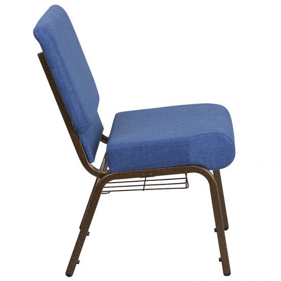 21''W Church Chair in Blue Fabric with Cup Book Rack - Gold Vein Frame