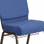 21''W Church Chair in Blue Fabric with Cup Book Rack - Gold Vein Frame