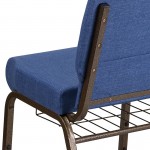 21''W Church Chair in Blue Fabric with Cup Book Rack - Gold Vein Frame