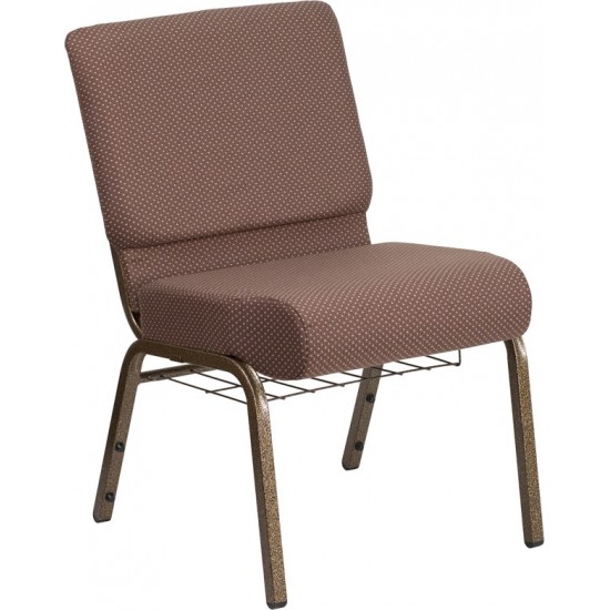21''W Church Chair in Brown Dot Fabric with Book Rack - Gold Vein Frame