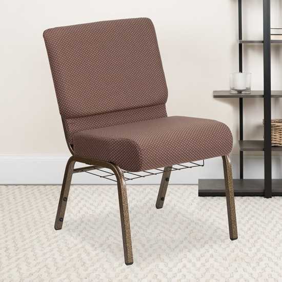 21''W Church Chair in Brown Dot Fabric with Book Rack - Gold Vein Frame