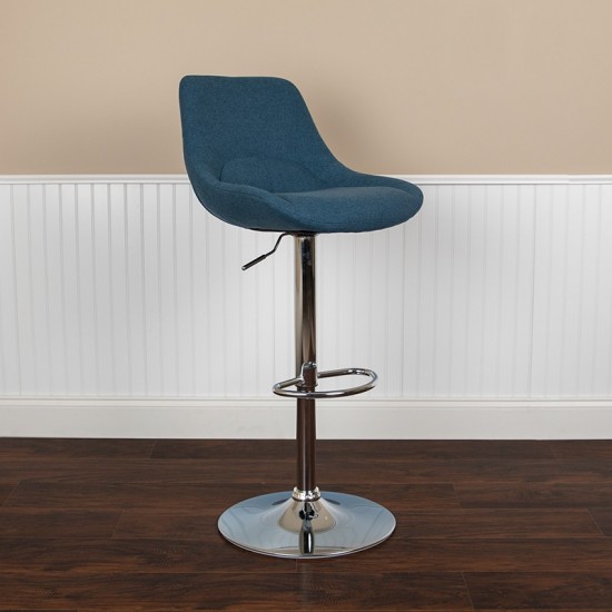 Contemporary Blue Fabric Adjustable Height Barstool with Chrome Base