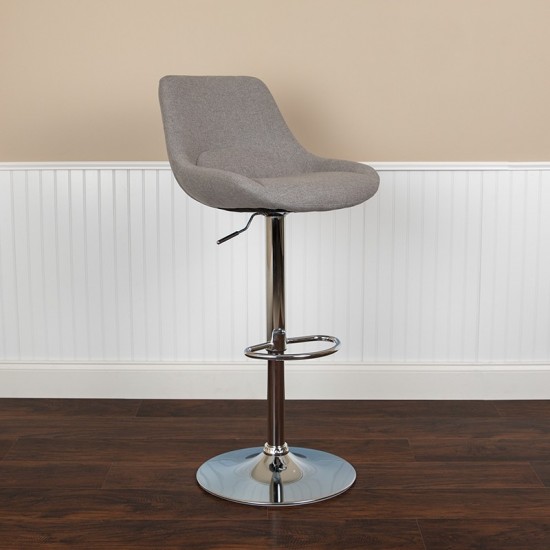 Contemporary Gray Fabric Adjustable Height Barstool with Chrome Base