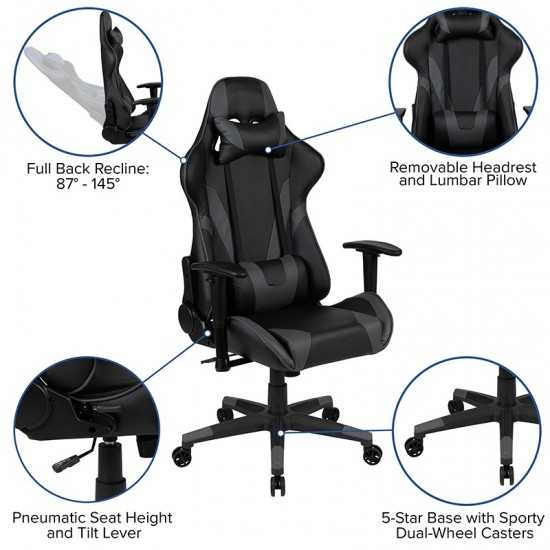 X20 Gaming Chair Racing Office Ergonomic Computer PC Adjustable Swivel Chair with Reclining Back in Gray LeatherSoft