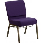 21''W Church Chair in Royal Purple Fabric with Cup Book Rack - Gold Vein Frame