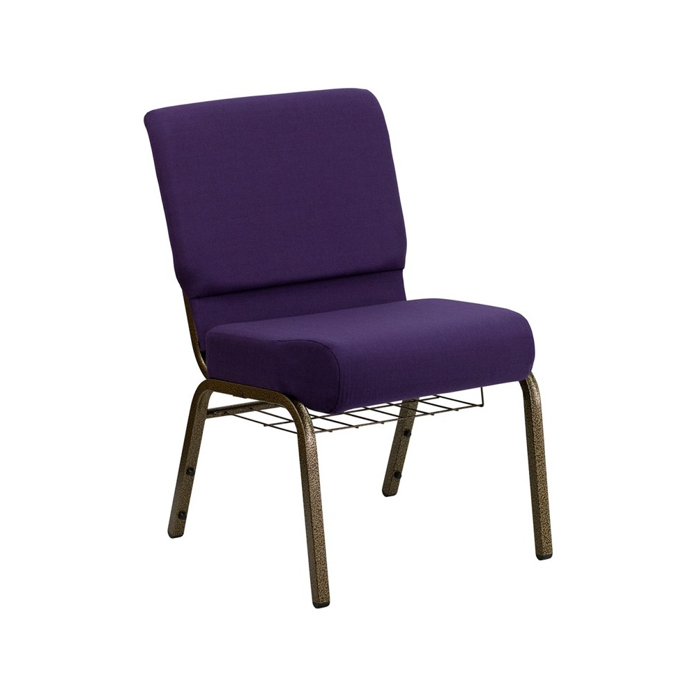 21''W Church Chair in Royal Purple Fabric with Cup Book Rack - Gold Vein Frame