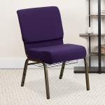 21''W Church Chair in Royal Purple Fabric with Cup Book Rack - Gold Vein Frame