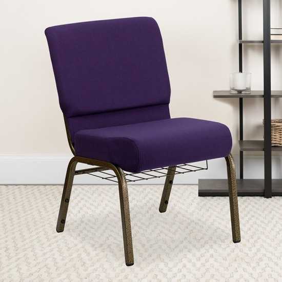 21''W Church Chair in Royal Purple Fabric with Cup Book Rack - Gold Vein Frame