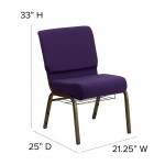 21''W Church Chair in Royal Purple Fabric with Cup Book Rack - Gold Vein Frame