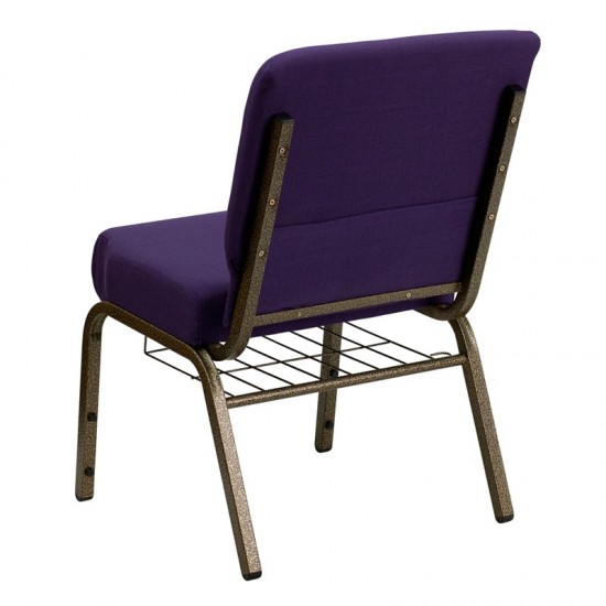 21''W Church Chair in Royal Purple Fabric with Cup Book Rack - Gold Vein Frame