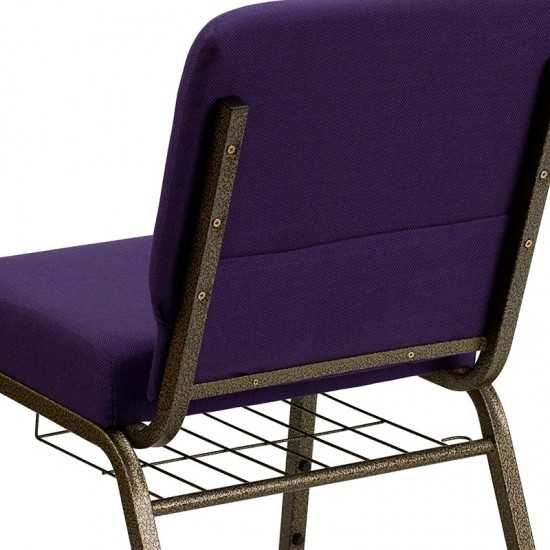 21''W Church Chair in Royal Purple Fabric with Cup Book Rack - Gold Vein Frame