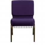 21''W Church Chair in Royal Purple Fabric with Cup Book Rack - Gold Vein Frame