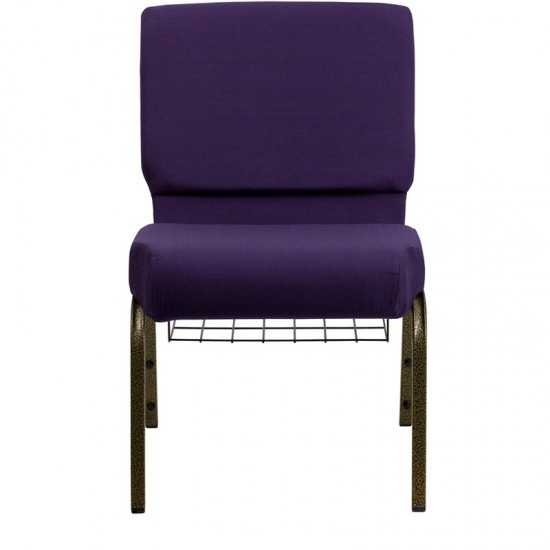 21''W Church Chair in Royal Purple Fabric with Cup Book Rack - Gold Vein Frame