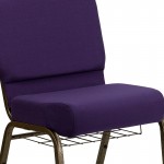 21''W Church Chair in Royal Purple Fabric with Cup Book Rack - Gold Vein Frame