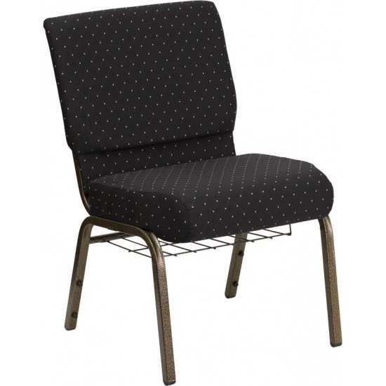 21''W Church Chair in Black Dot Patterned Fabric with Cup Book Rack - Gold Vein Frame