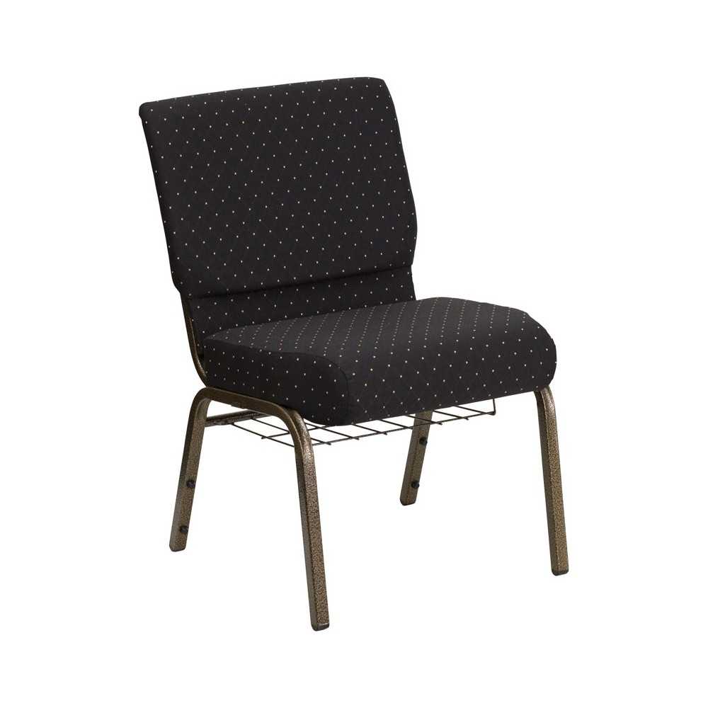 21''W Church Chair in Black Dot Patterned Fabric with Cup Book Rack - Gold Vein Frame