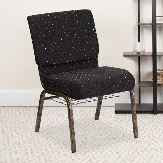 21''W Church Chair in Black Dot Patterned Fabric with Cup Book Rack - Gold Vein Frame