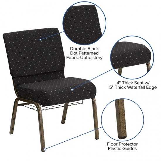 21''W Church Chair in Black Dot Patterned Fabric with Cup Book Rack - Gold Vein Frame