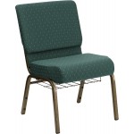 21''W Church Chair in Hunter Green Dot Patterned Fabric with Book Rack - Gold Vein Frame