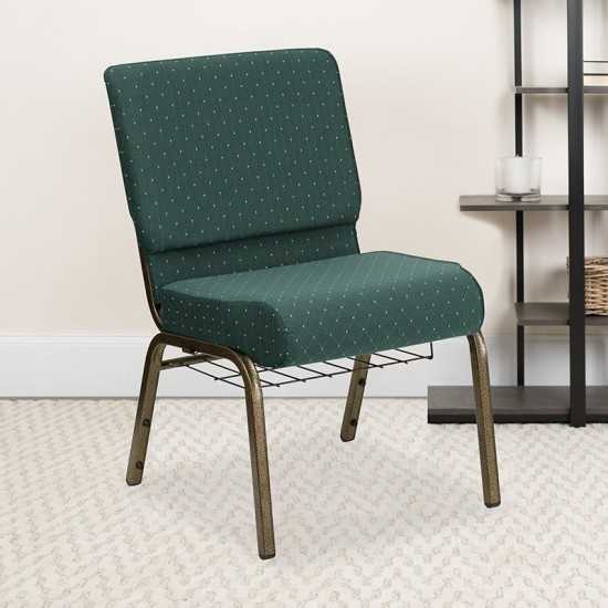 21''W Church Chair in Hunter Green Dot Patterned Fabric with Book Rack - Gold Vein Frame