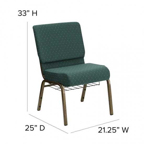 21''W Church Chair in Hunter Green Dot Patterned Fabric with Book Rack - Gold Vein Frame