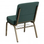 21''W Church Chair in Hunter Green Dot Patterned Fabric with Book Rack - Gold Vein Frame