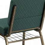 21''W Church Chair in Hunter Green Dot Patterned Fabric with Book Rack - Gold Vein Frame