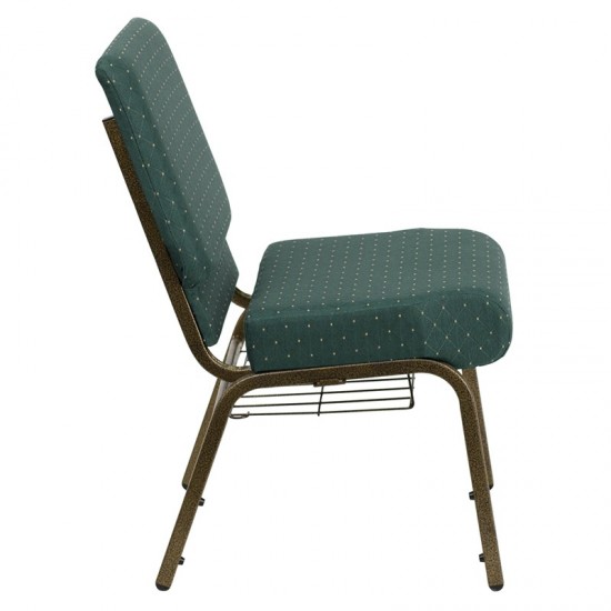 21''W Church Chair in Hunter Green Dot Patterned Fabric with Book Rack - Gold Vein Frame