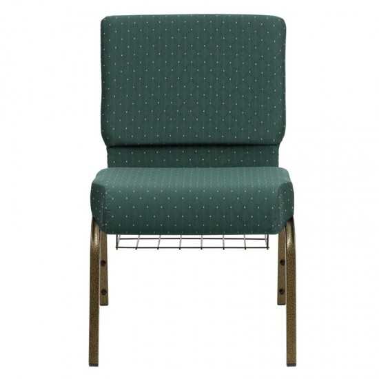 21''W Church Chair in Hunter Green Dot Patterned Fabric with Book Rack - Gold Vein Frame