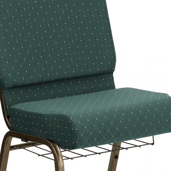 21''W Church Chair in Hunter Green Dot Patterned Fabric with Book Rack - Gold Vein Frame