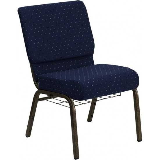 21''W Church Chair in Navy Blue Dot Patterned Fabric with Book Rack - Gold Vein Frame