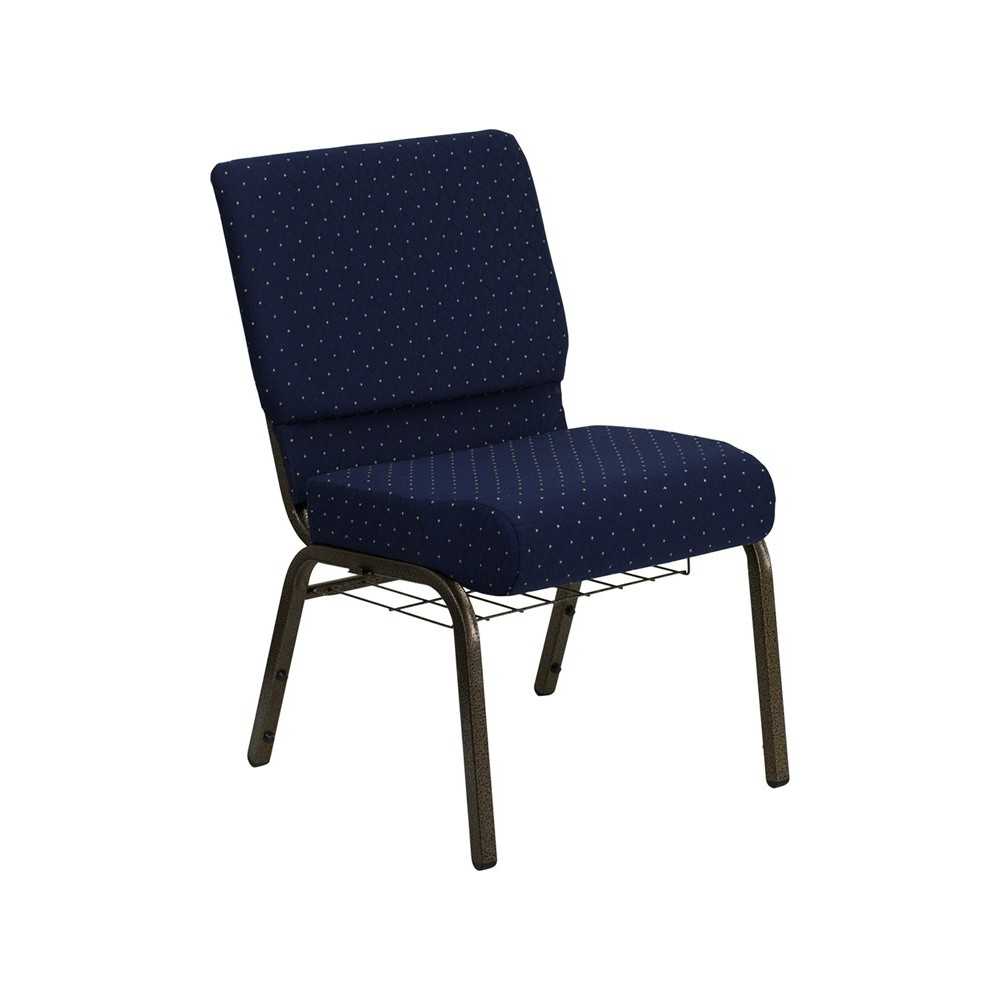 21''W Church Chair in Navy Blue Dot Patterned Fabric with Book Rack - Gold Vein Frame