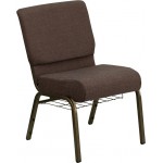 21''W Church Chair in Brown Fabric with Cup Book Rack - Gold Vein Frame