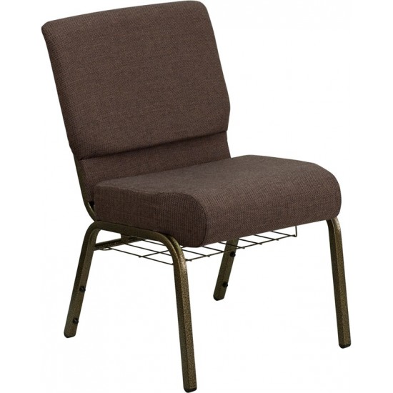 21''W Church Chair in Brown Fabric with Cup Book Rack - Gold Vein Frame