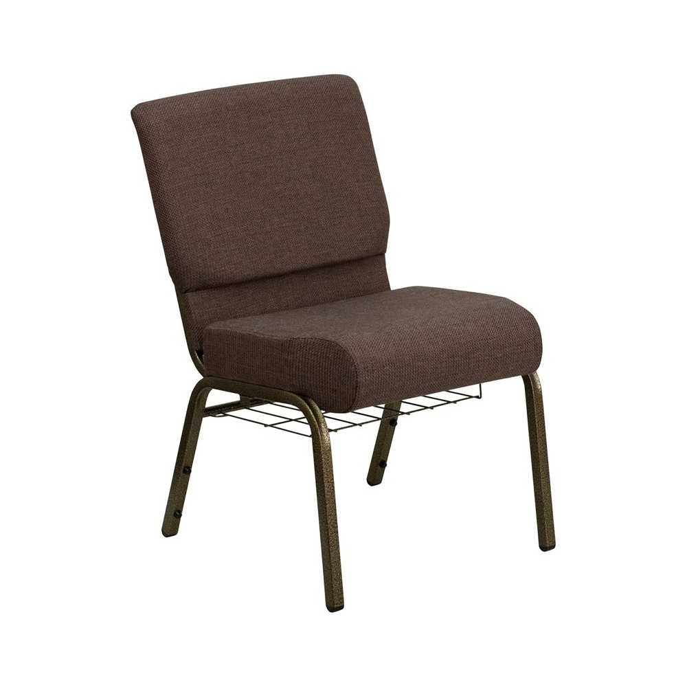 21''W Church Chair in Brown Fabric with Cup Book Rack - Gold Vein Frame