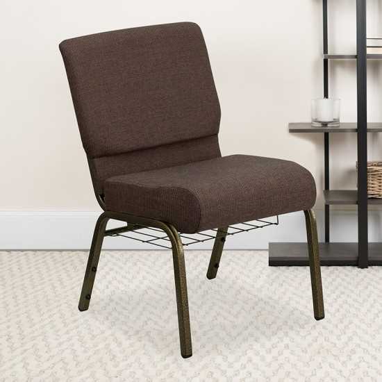 21''W Church Chair in Brown Fabric with Cup Book Rack - Gold Vein Frame