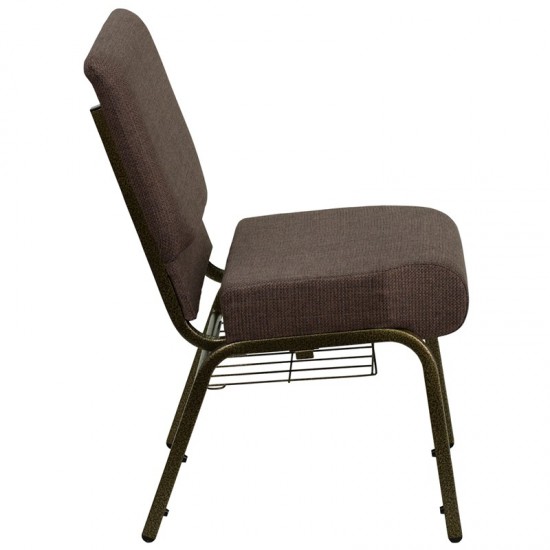 21''W Church Chair in Brown Fabric with Cup Book Rack - Gold Vein Frame