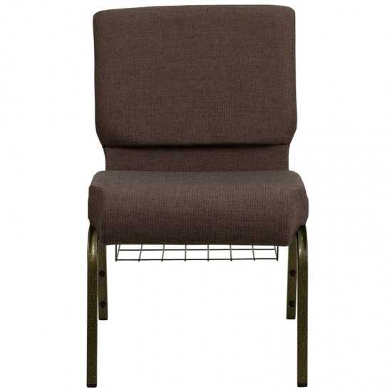 21''W Church Chair in Brown Fabric with Cup Book Rack - Gold Vein Frame