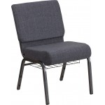 21''W Church Chair in Dark Gray Fabric with Book Rack - Silver Vein Frame