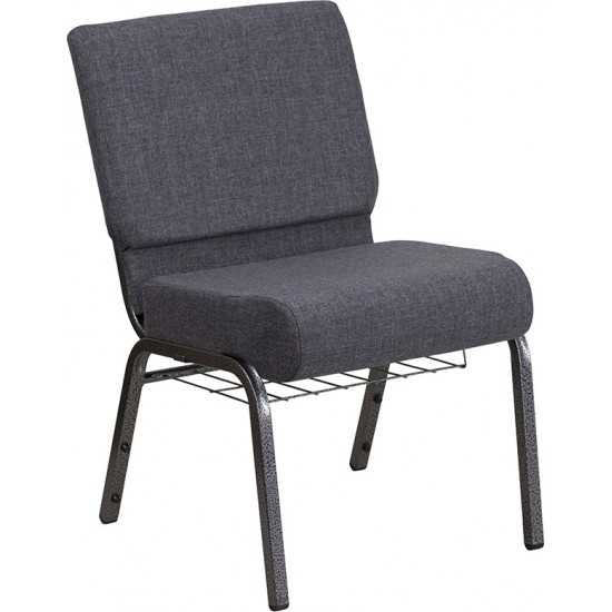21''W Church Chair in Dark Gray Fabric with Book Rack - Silver Vein Frame