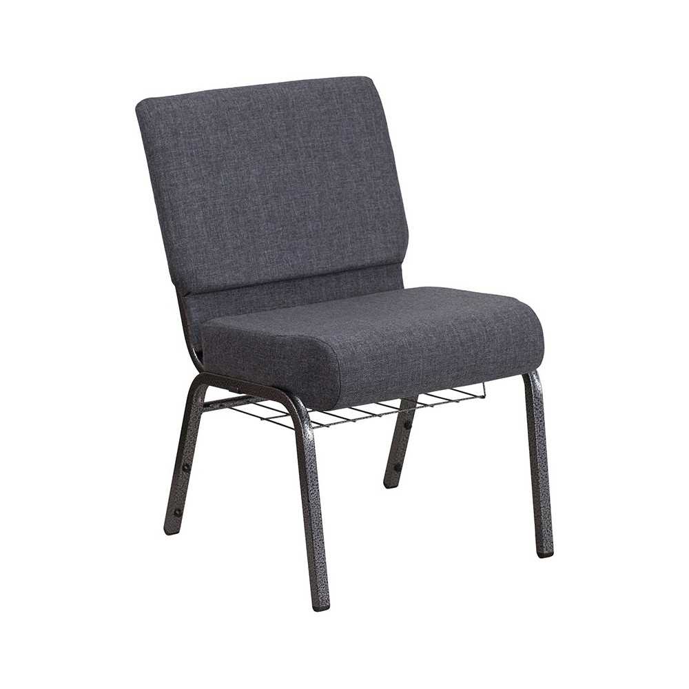 21''W Church Chair in Dark Gray Fabric with Book Rack - Silver Vein Frame