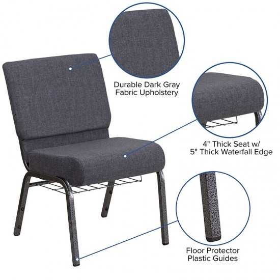 21''W Church Chair in Dark Gray Fabric with Book Rack - Silver Vein Frame