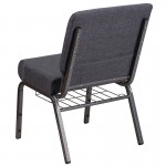 21''W Church Chair in Dark Gray Fabric with Book Rack - Silver Vein Frame