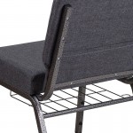 21''W Church Chair in Dark Gray Fabric with Book Rack - Silver Vein Frame