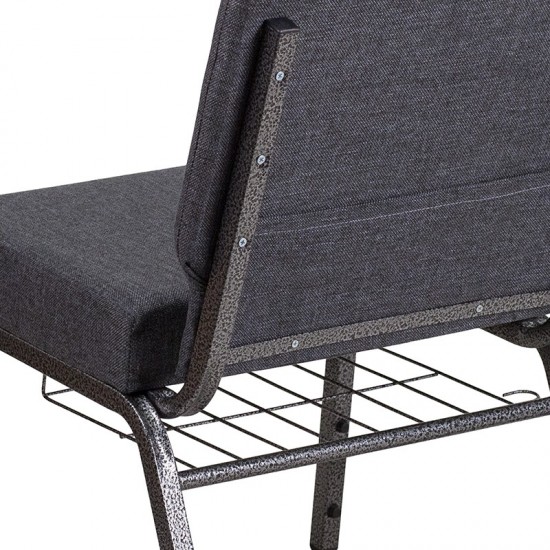 21''W Church Chair in Dark Gray Fabric with Book Rack - Silver Vein Frame